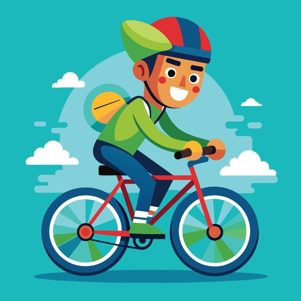 Cheerful cyclist riding a bright red bike against a colorful blue sky with fluffy clouds in a fun, animated style vector
