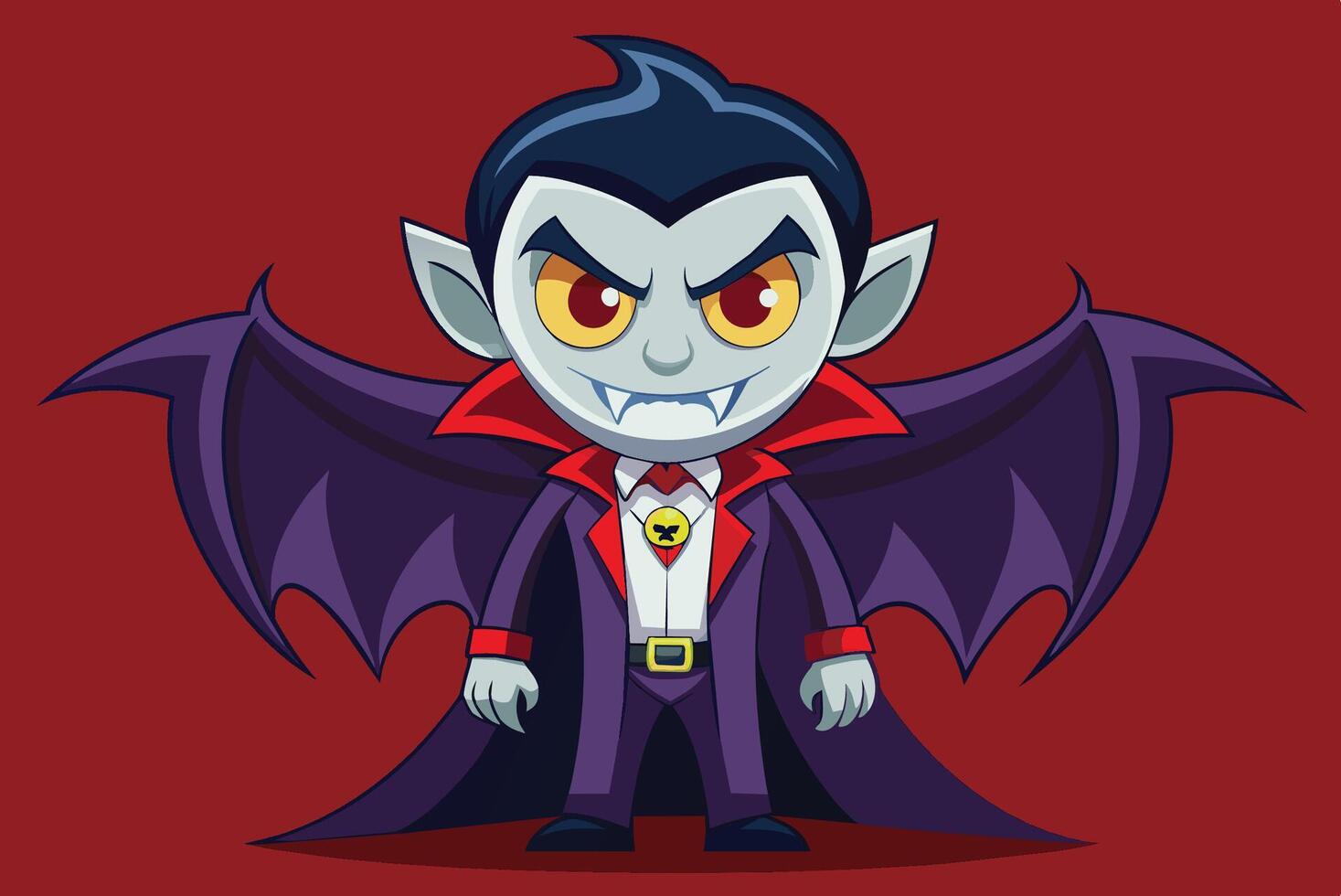 A cartoon vampire character with a cape, sharp fangs, and menacing eyes stands confidently against a red background vector