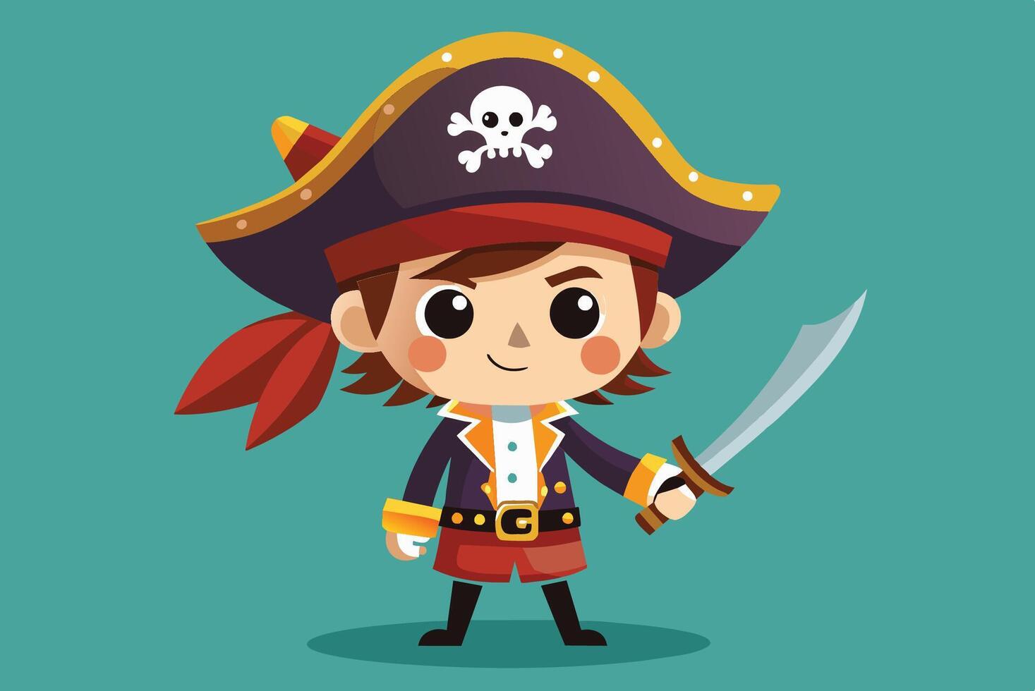A cheerful cartoon pirate character with a sword and vibrant attire posing confidently on a colorful background vector