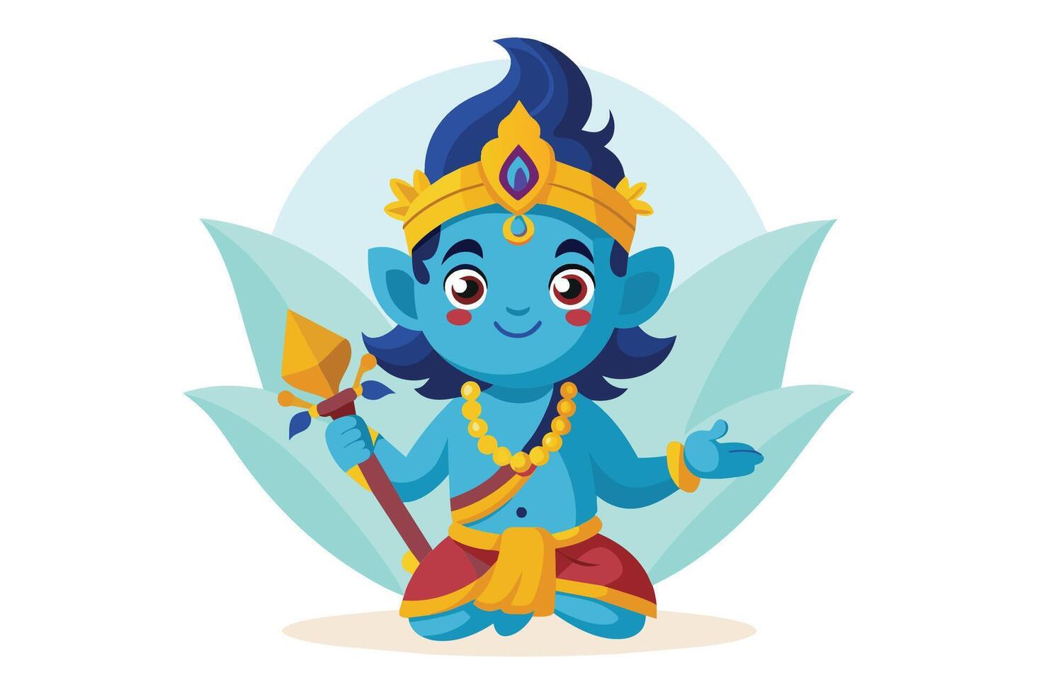 A cute blue deity figure with a crown, jewelry, and a scepter, seated on a leaf with a friendly expression, ready to bless devotees vector