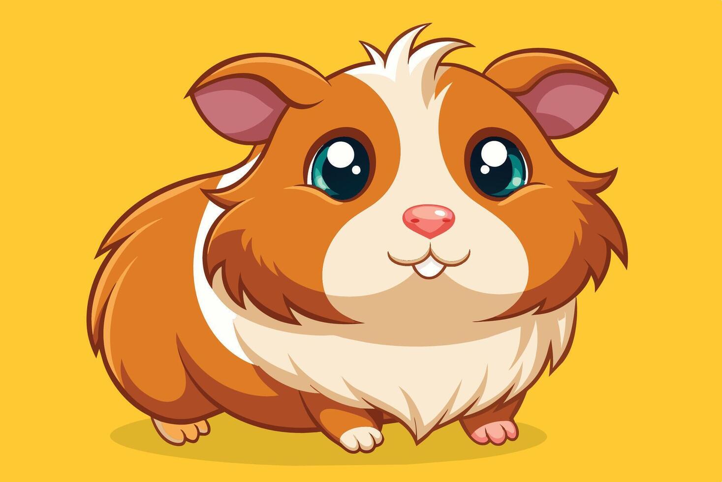 A cute cartoon guinea pig with fluffy fur and big eyes sitting on a yellow background, showcasing its friendly expression vector