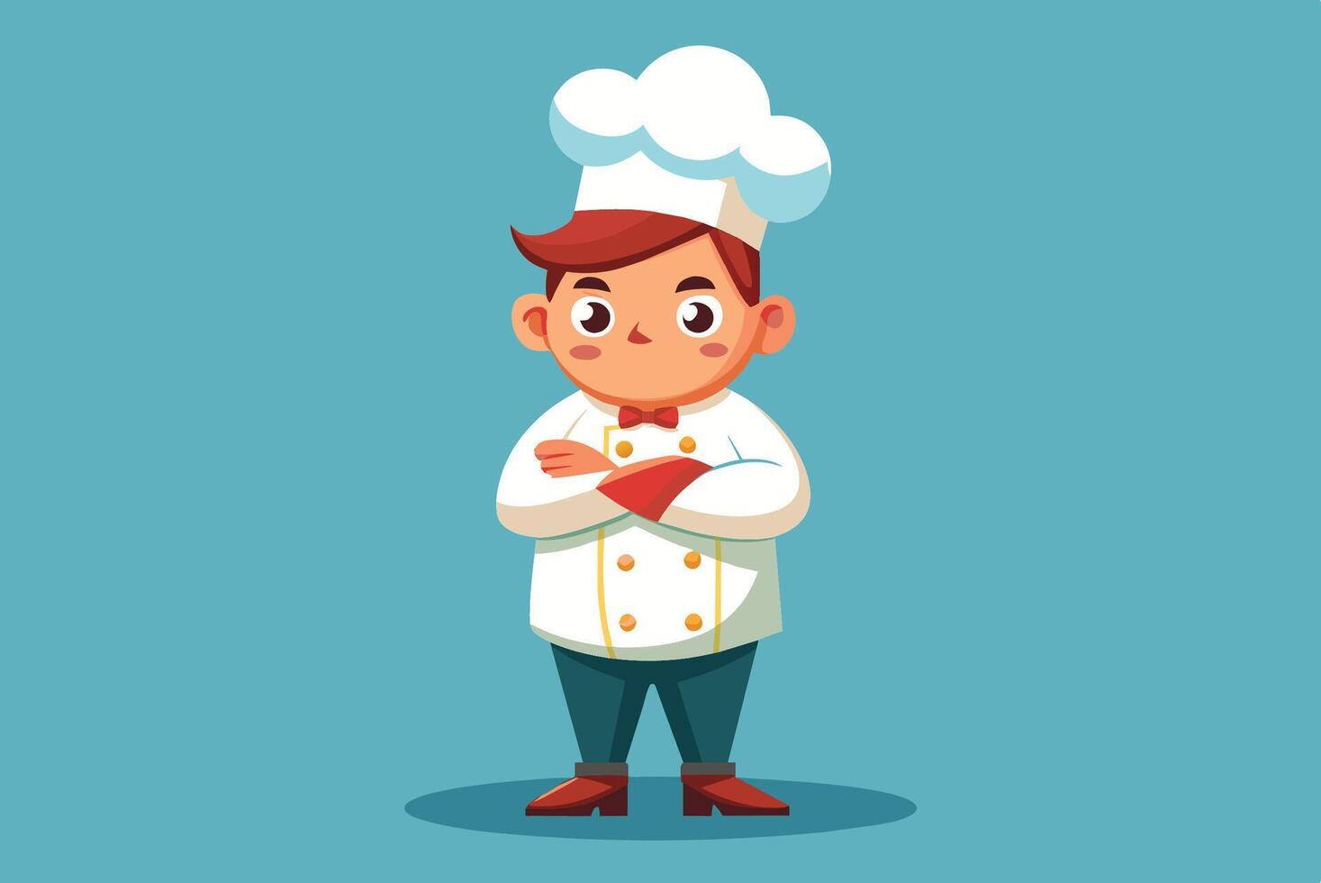 A cheerful young chef stands confidently with arms crossed, wearing a traditional chef's uniform and hat against a blue background vector