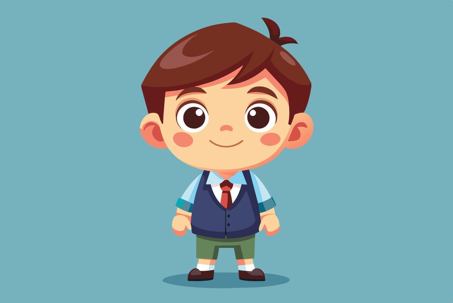 Cheerful young boy in smart attire with a vest, shirt, and tie standing against a blue background during a sunny day vector
