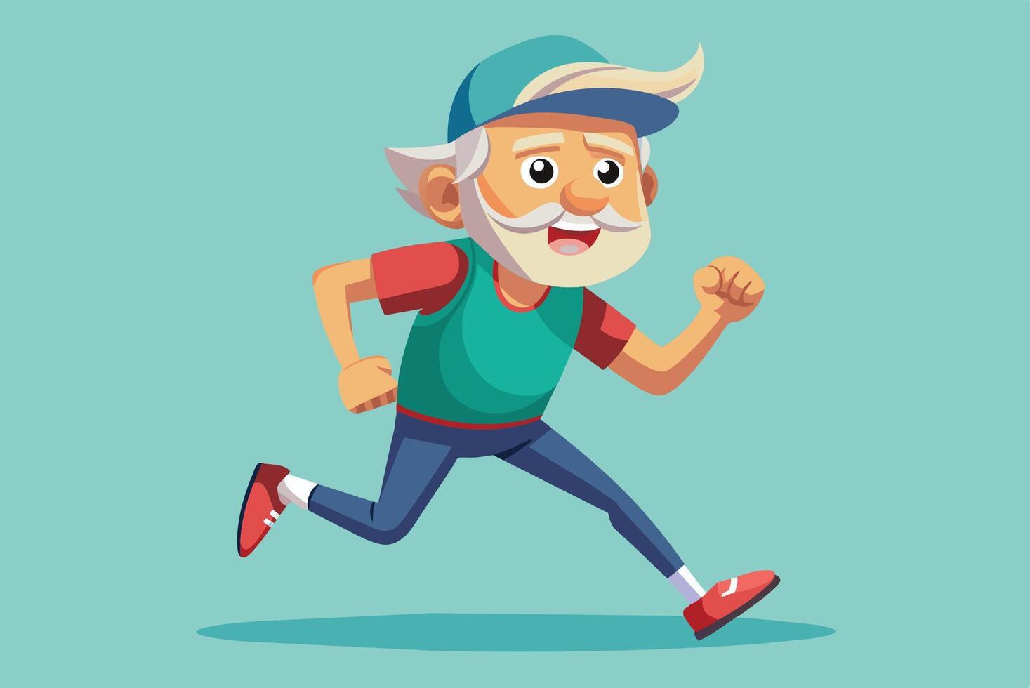 An energetic senior man runs happily in a park, showcasing fitness and vitality during a sunny day in a colorful cartoon style vector