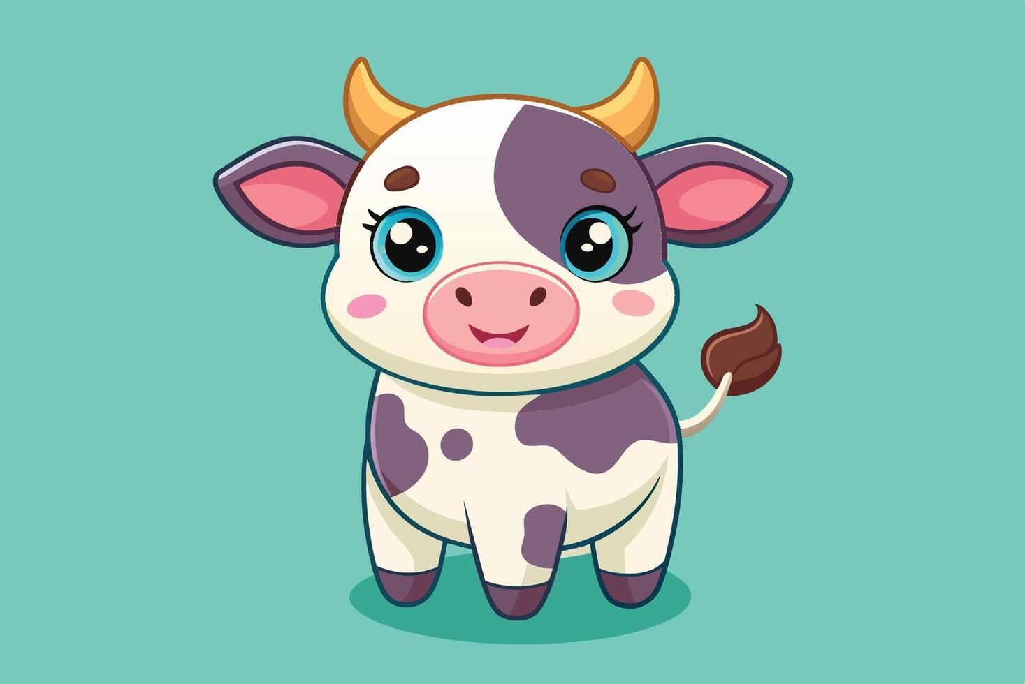 Cute cartoon cow standing happily on a light blue background with big eyes and a cheerful expression vector