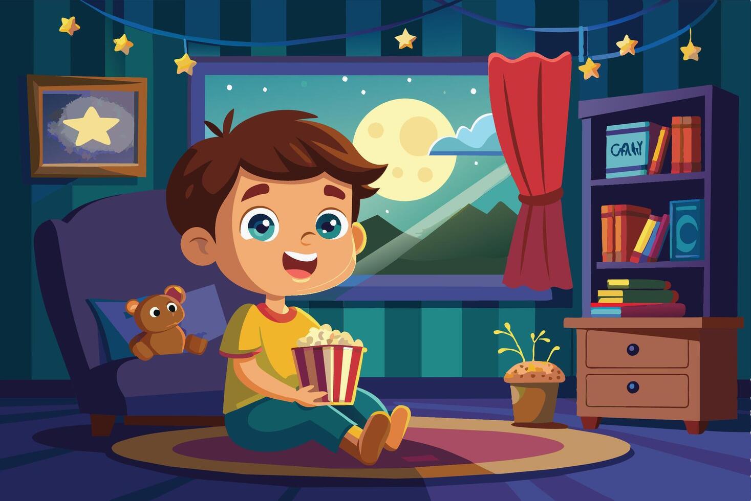 A cheerful boy enjoying popcorn while sitting on the floor in his cozy room with a mountain view and a full moon at night vector