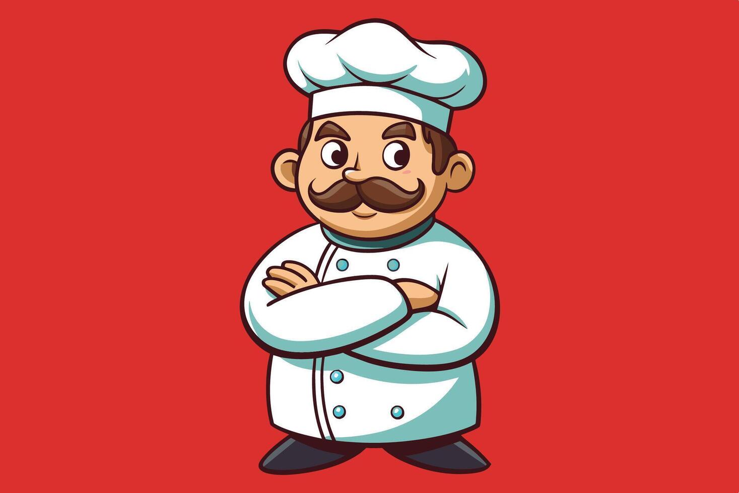 A cheerful cartoon chef with a mustache wears a white uniform and hat while posing confidently against a bright red background vector
