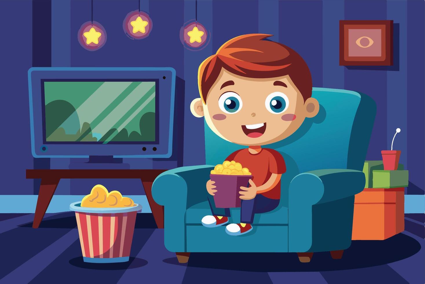 A cheerful child sitting on a blue chair enjoying popcorn while watching television in a cozy living room at night vector