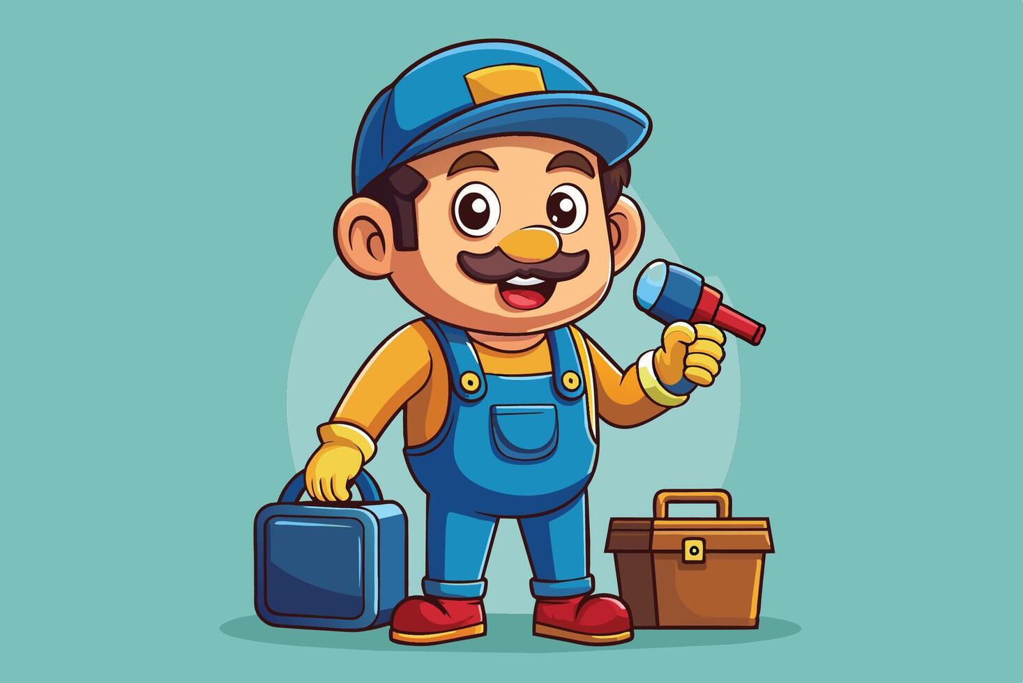 Playful cartoon character in overalls holding a microphone and surrounded by tools in a colorful background vector
