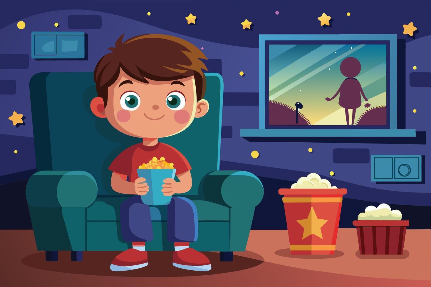 A young boy enjoys popcorn while watching a movie at home in a cozy room with starry decor during a nighttime setting vector