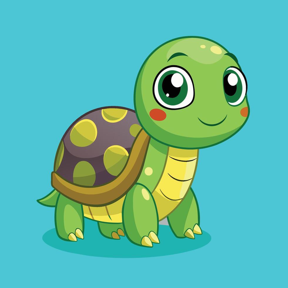 Cute cartoon turtle character standing cheerfully against a bright blue background, showcasing its vibrant colors and playful expression vector