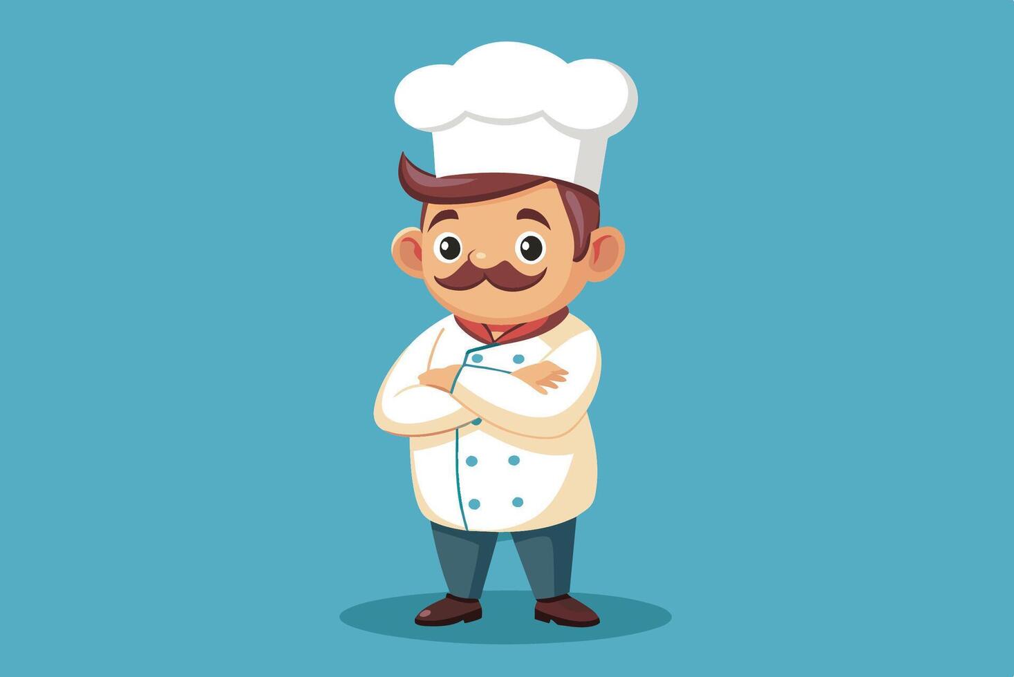 Cheerful chef character in a white coat with crossed arms on a solid blue background, showcasing culinary pride vector