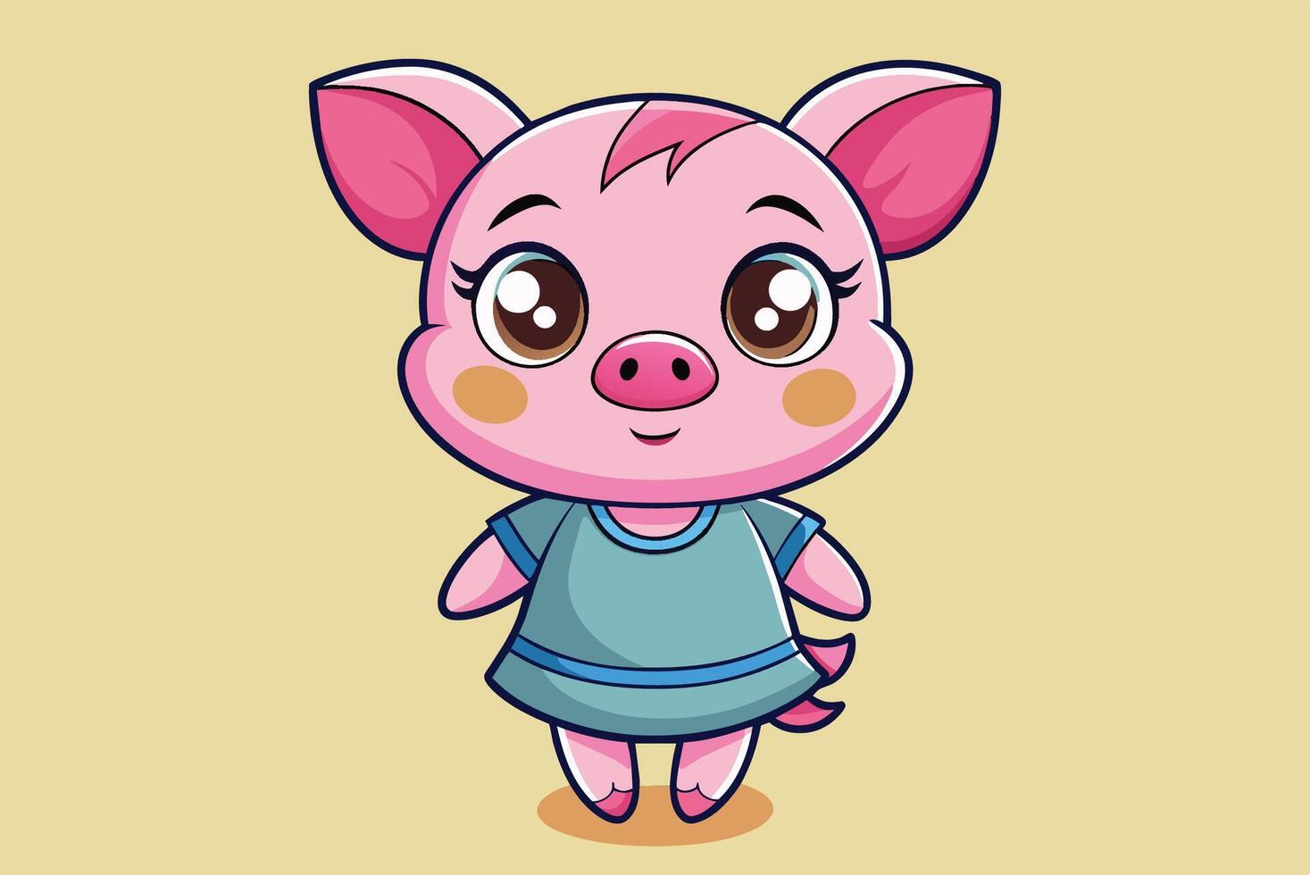 Cute cartoon pig character in a blue dress with a cheerful expression, set against a light yellow background vector