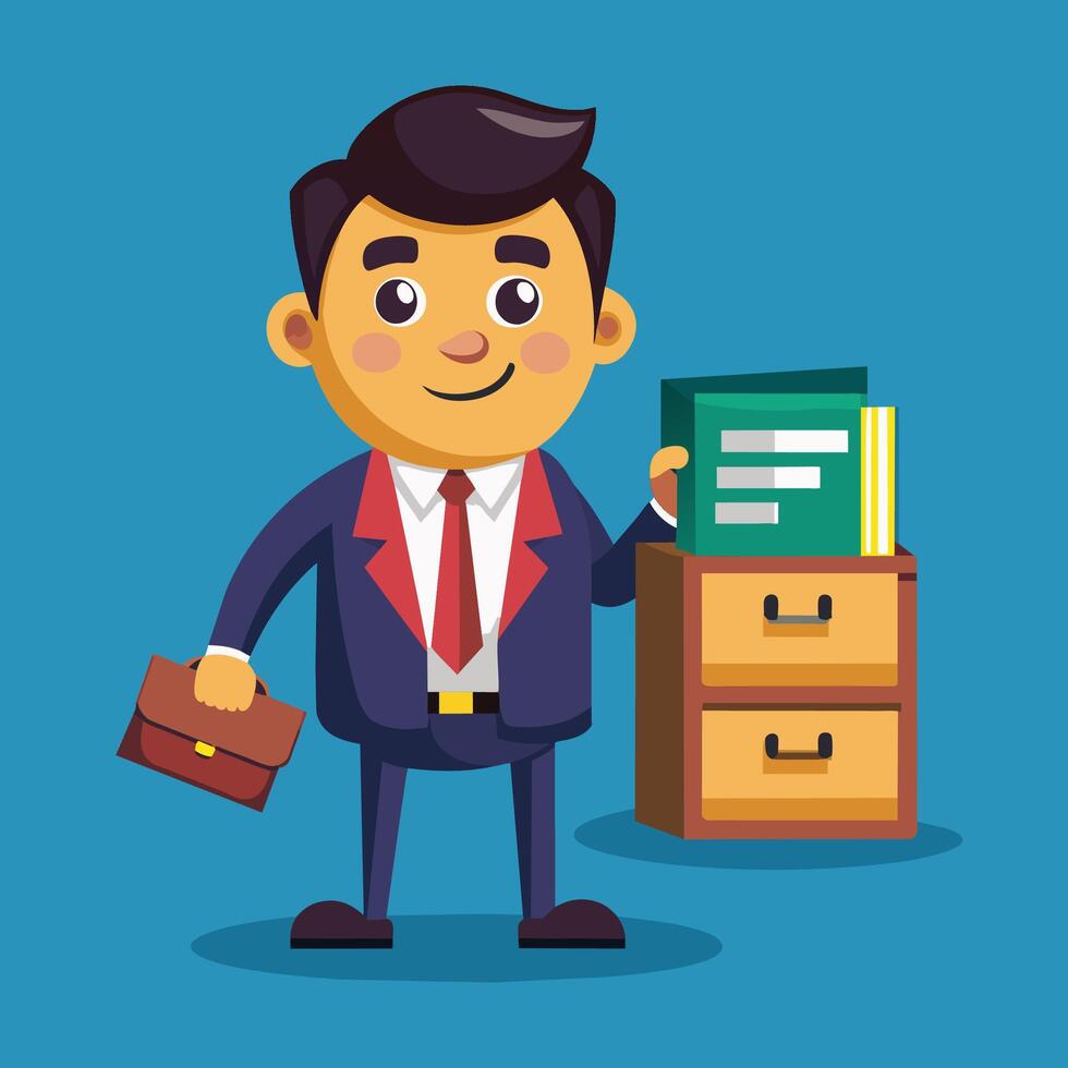 Professional character holding a briefcase and standing next to a storage cabinet filled with files against a blue background vector