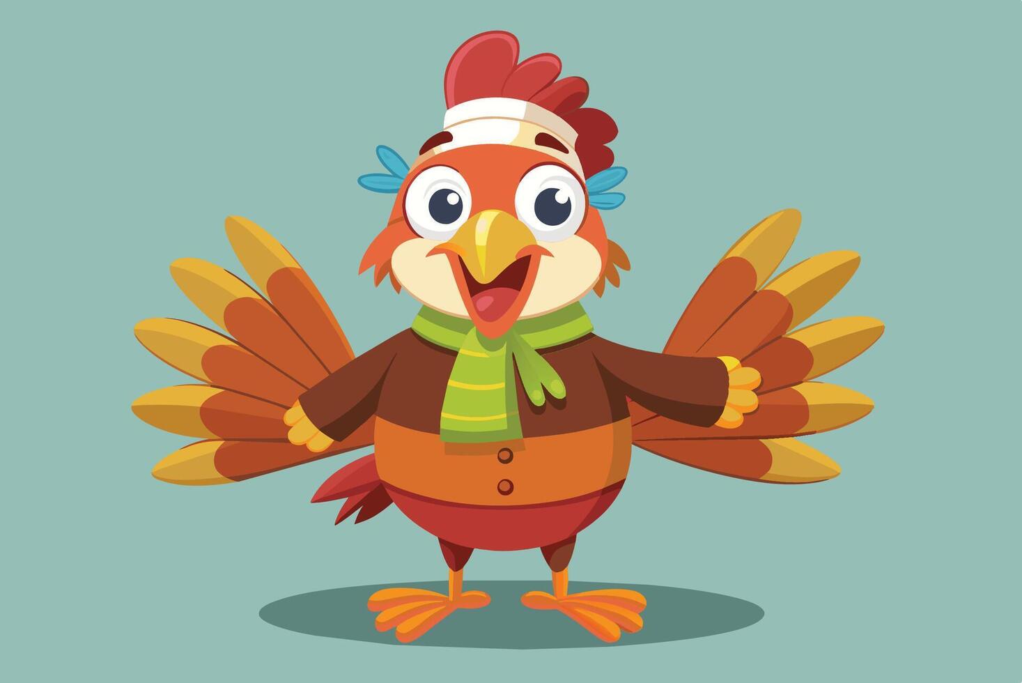 Cheerful cartoon turkey wearing a scarf and coat with wings spread, celebrating autumn in a playful design against a light background vector