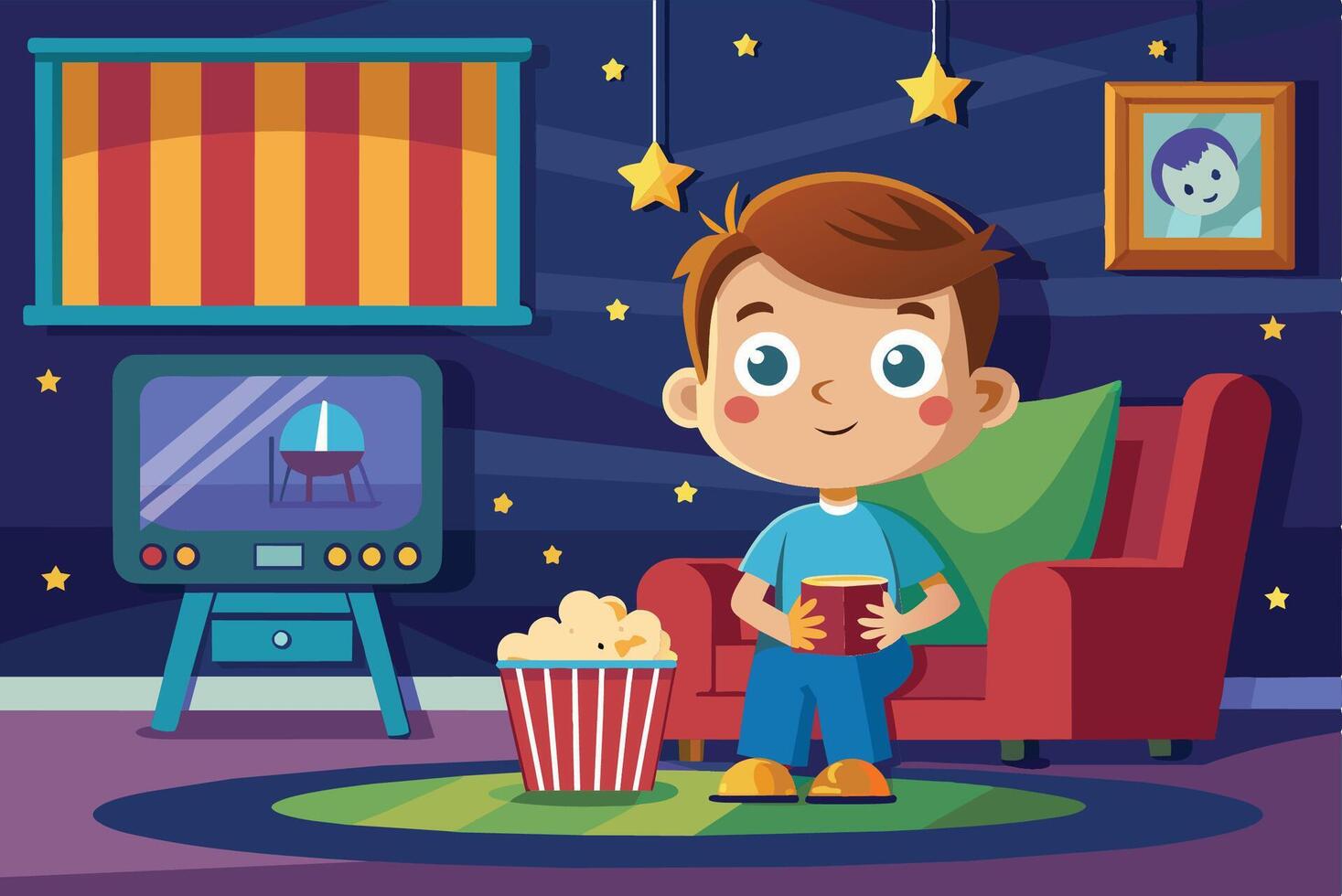 A young boy enjoying popcorn while watching TV in a cozy living room with stars and a family portrait on the wall vector