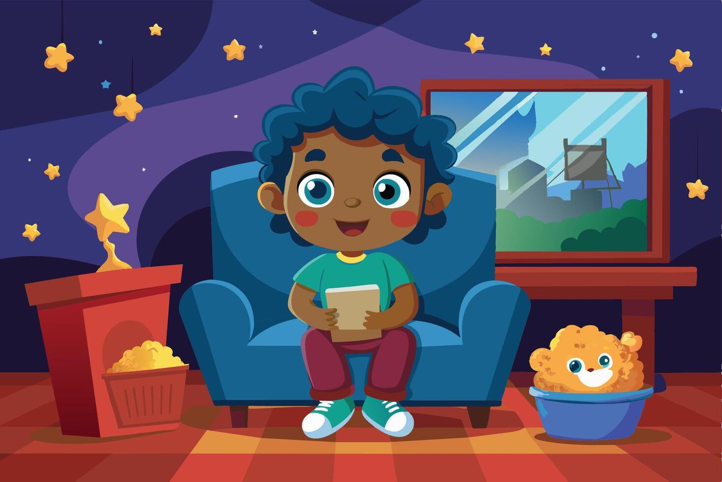A cheerful boy enjoys reading on a cozy evening in a colorful living room filled with playful decorations and warm lighting vector
