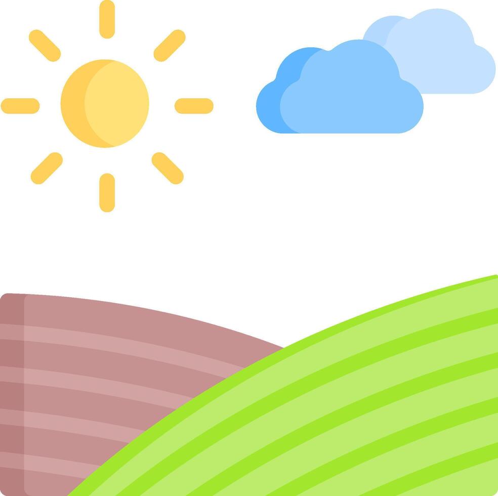 A cartoon sun and clouds over a green field vector