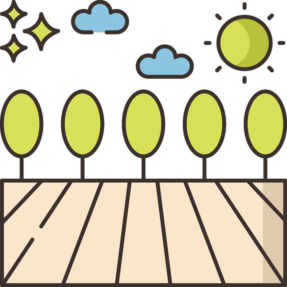 A line drawing of a field with trees and sun vector