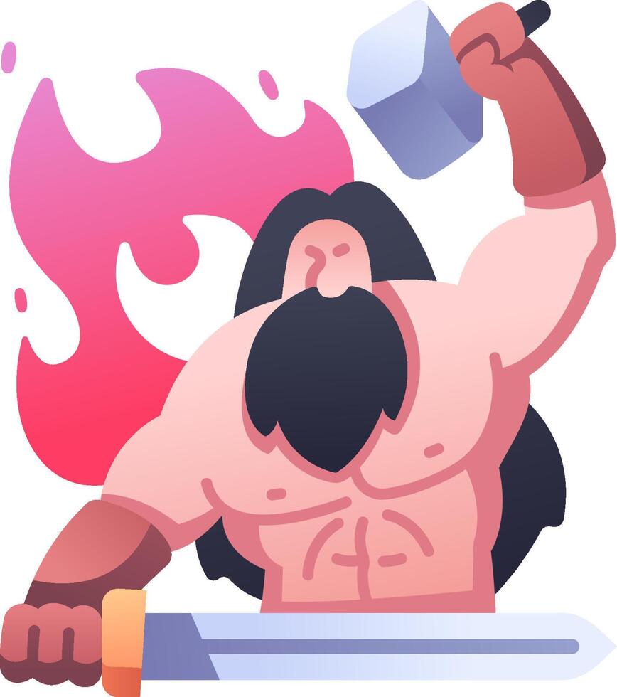 A cartoon man with a sword and a fire vector