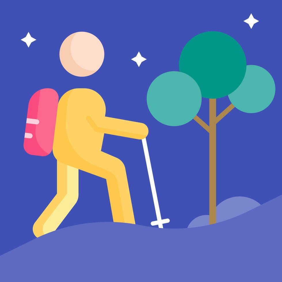 A man with a backpack and a stick is walking up a hill vector