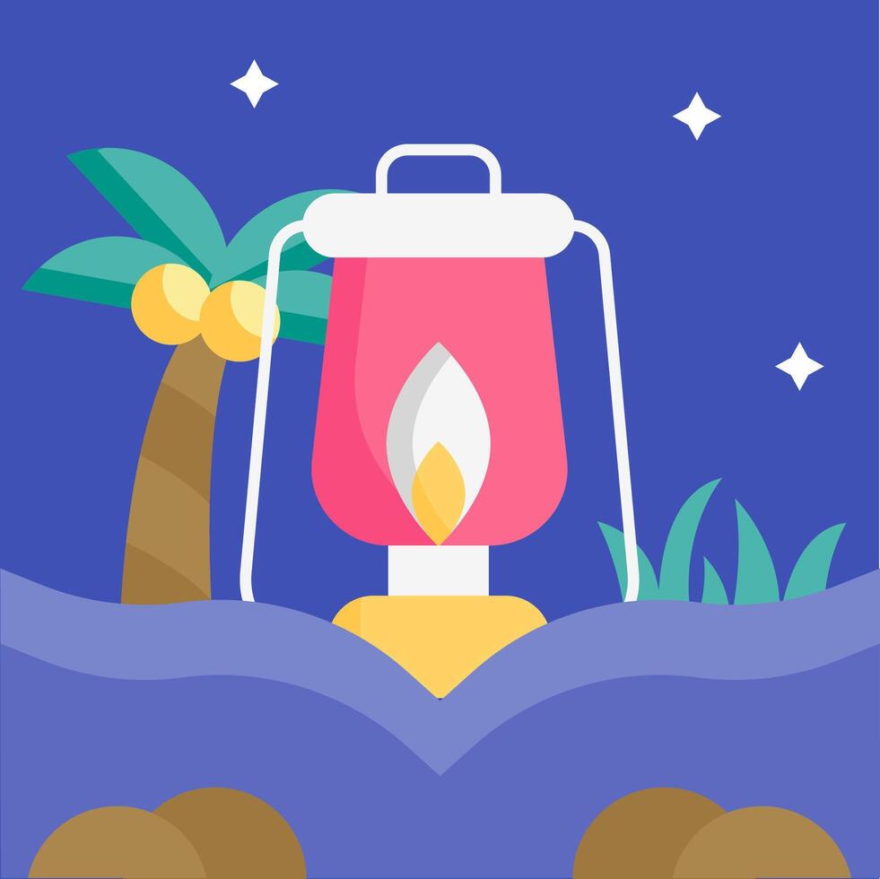 An illustration of a lantern on a beach with palm trees vector