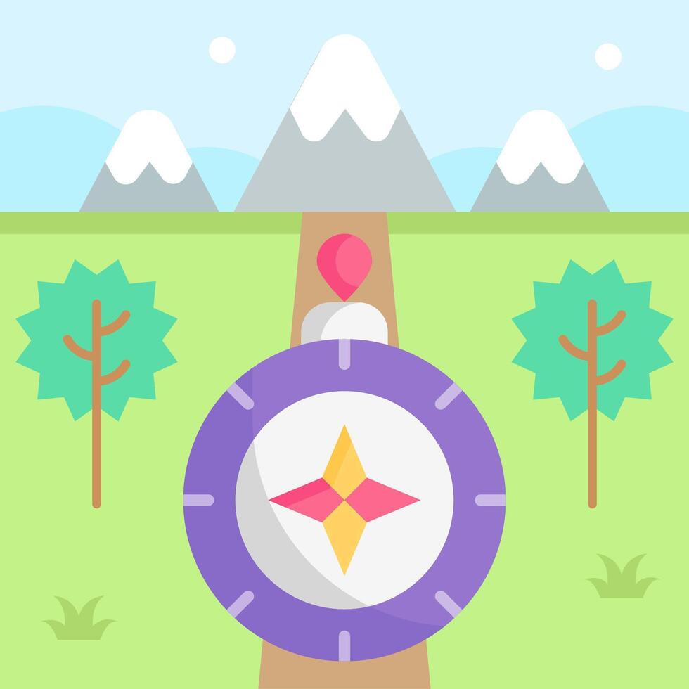 A flat design of a compass with mountains in the background vector