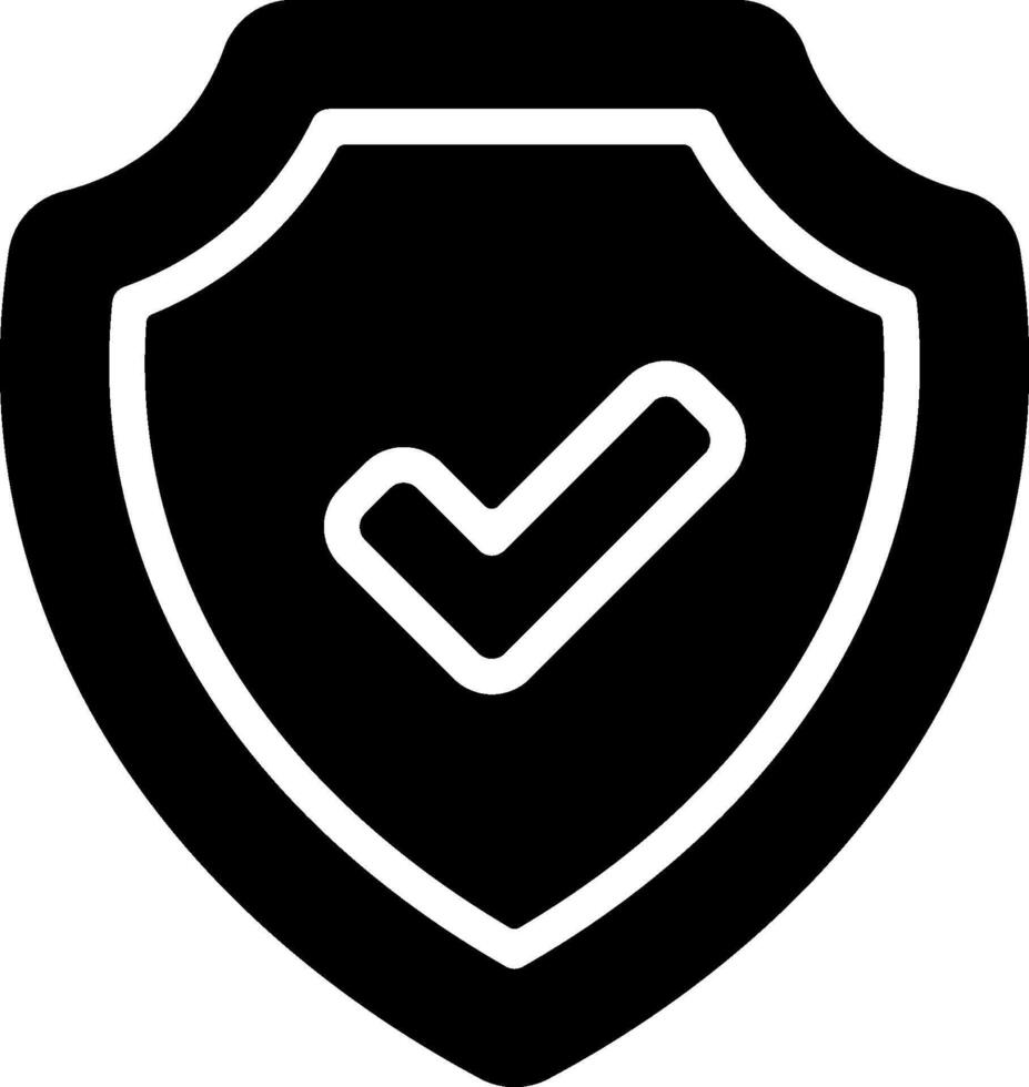 A black and white icon of a shield with a tick vector