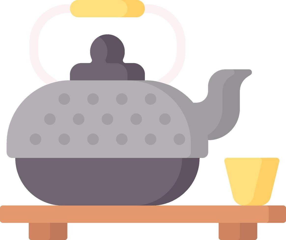 A tea kettle and cup on a wooden tray vector