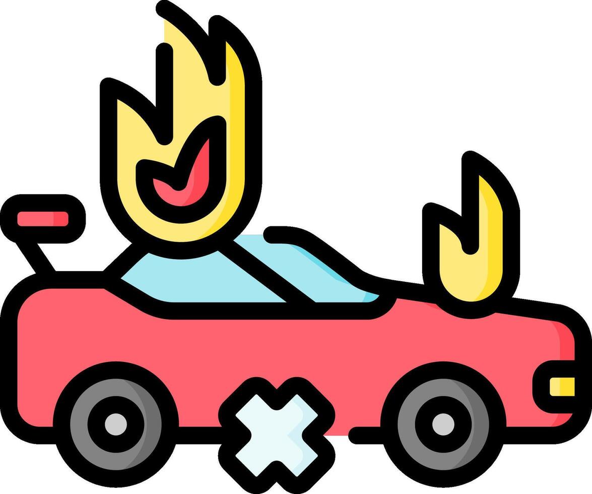 A car with fire on the hood and a burning sign vector