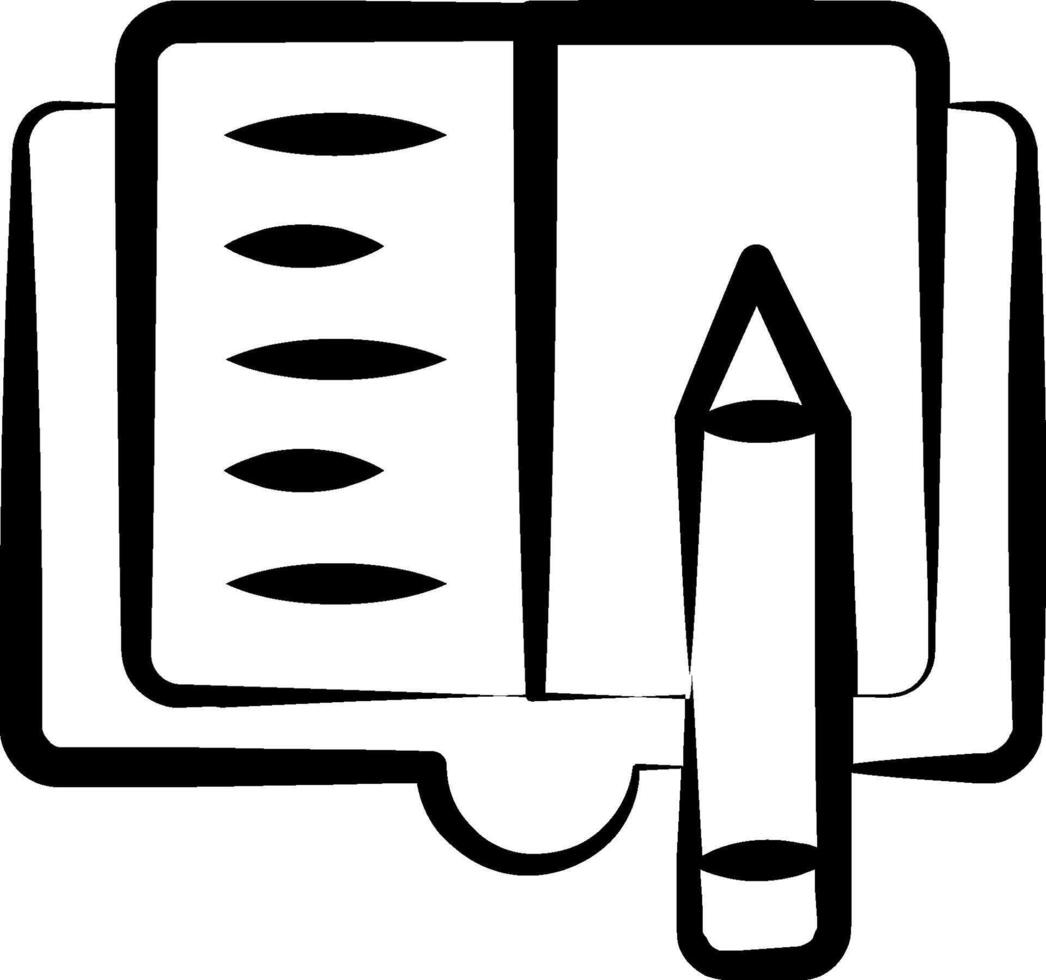A black and white drawing of a notebook and pencil vector
