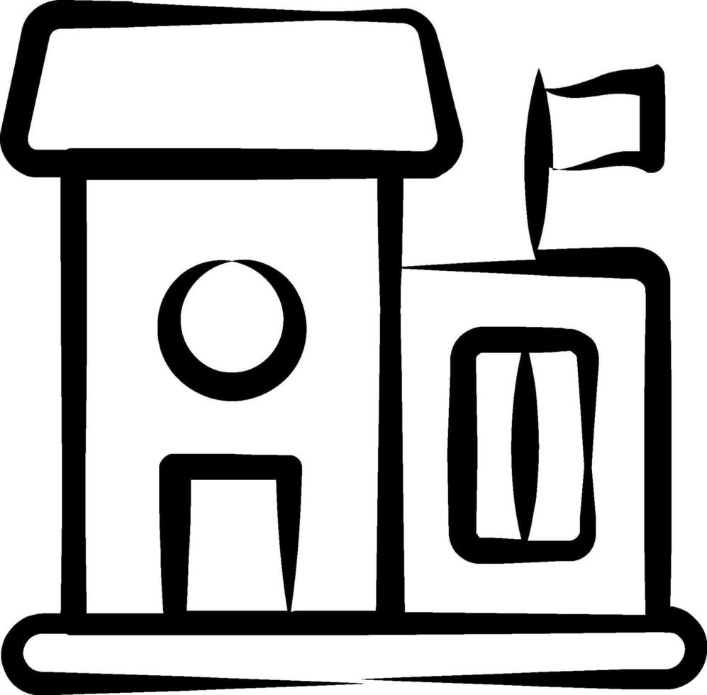 A black and white drawing of a house with a flag vector