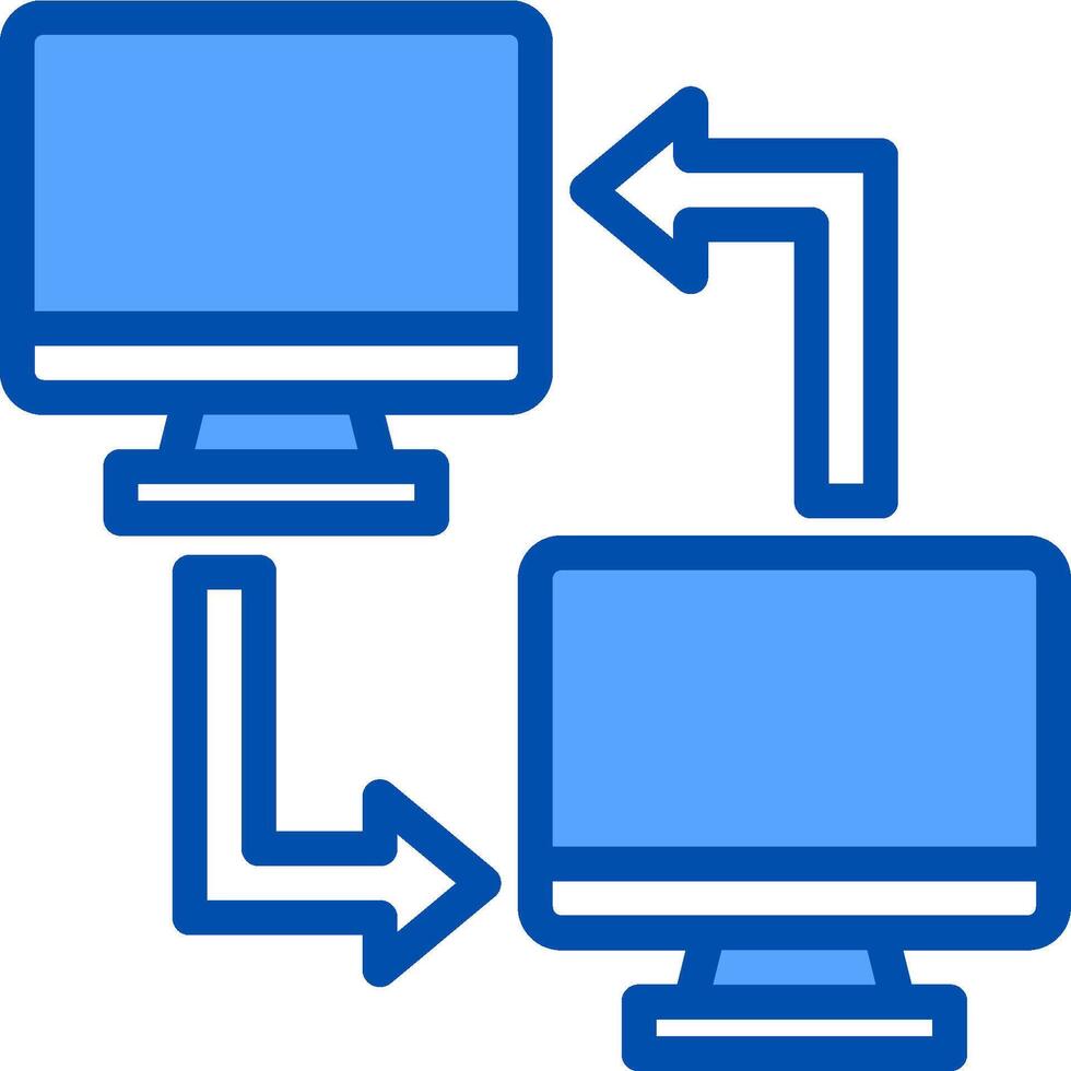Two computers connected to each other with arrows pointing to each other vector