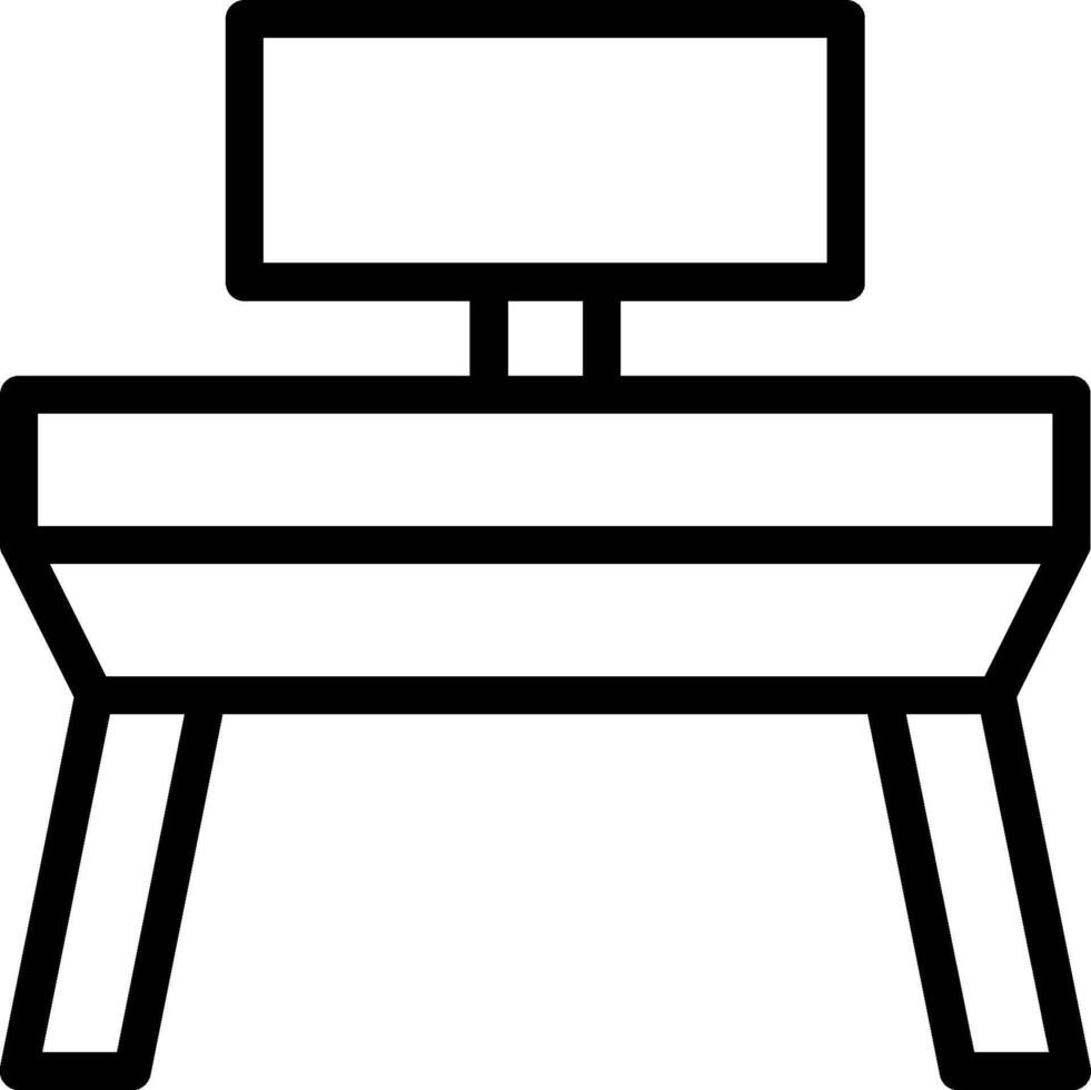 A black and white drawing of a desk with a computer monitor vector