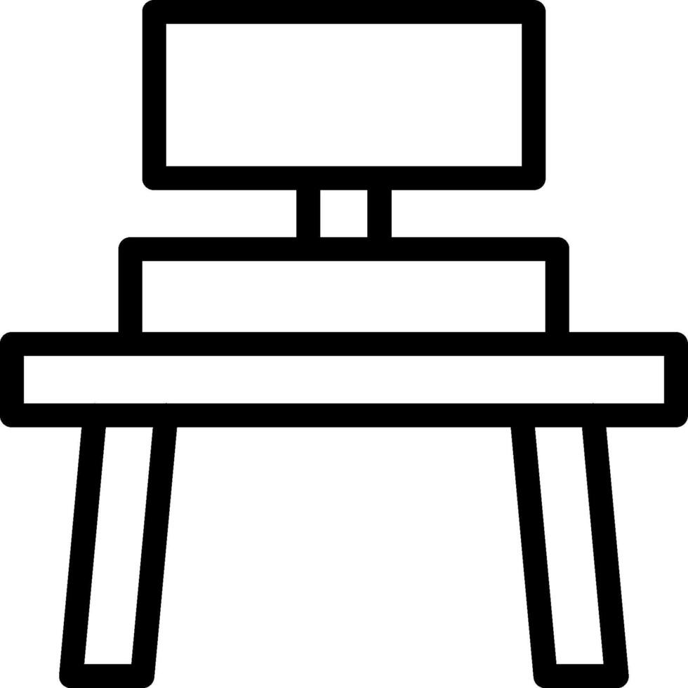 A black and white drawing of a desk with a computer monitor vector