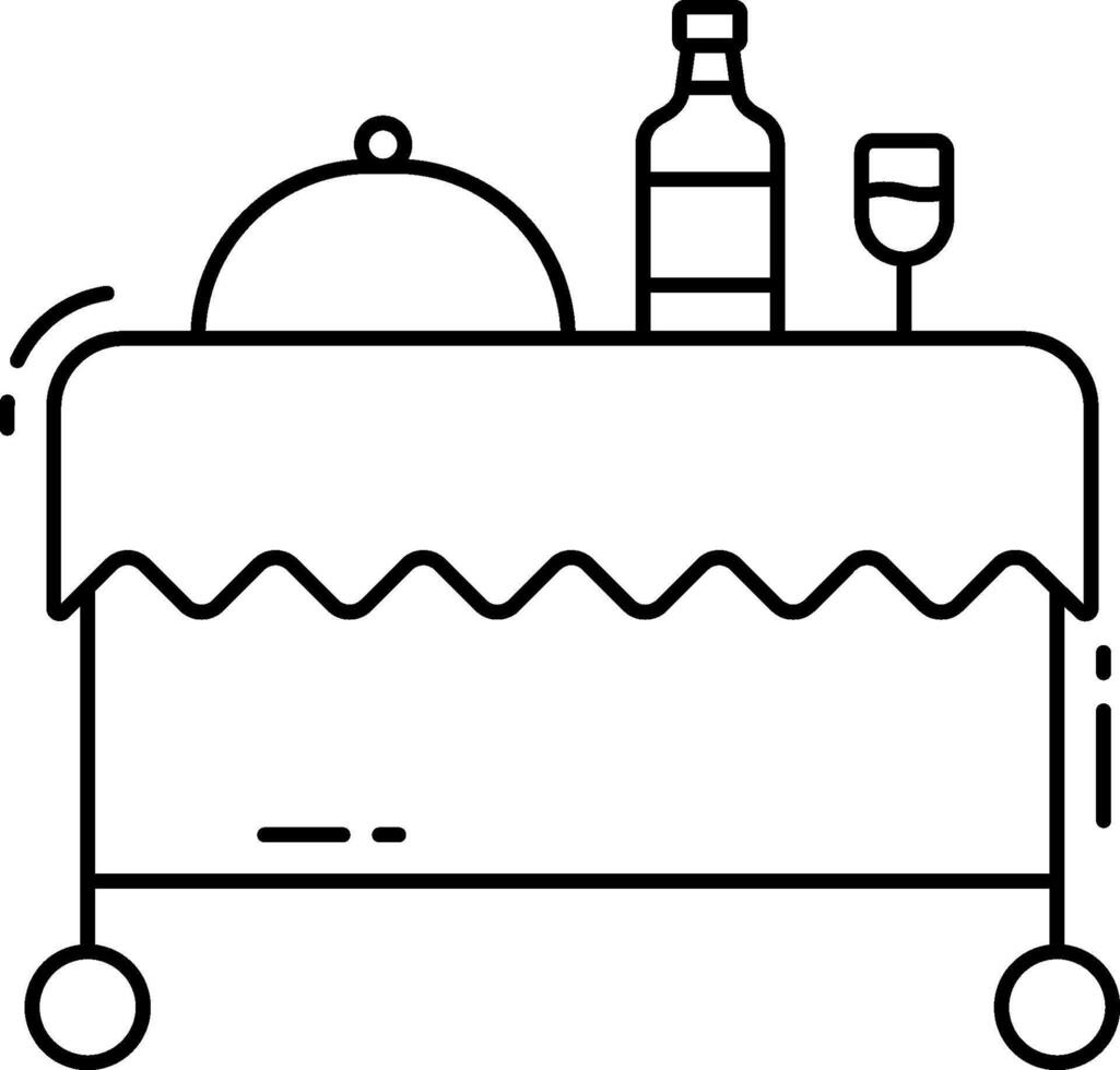 A black and white illustration of a table with a bottle and wine vector