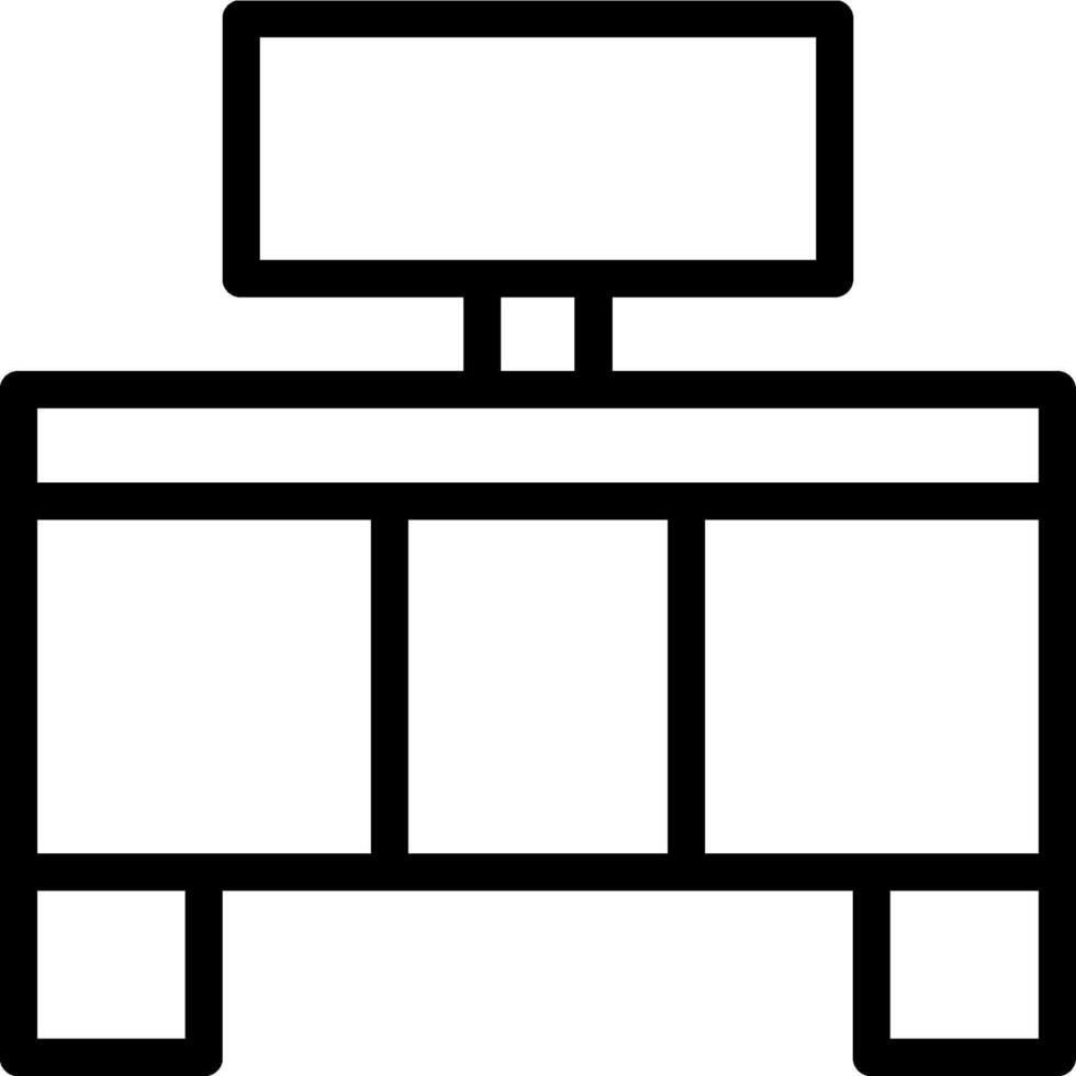 A black and white drawing of a desk with a computer monitor vector