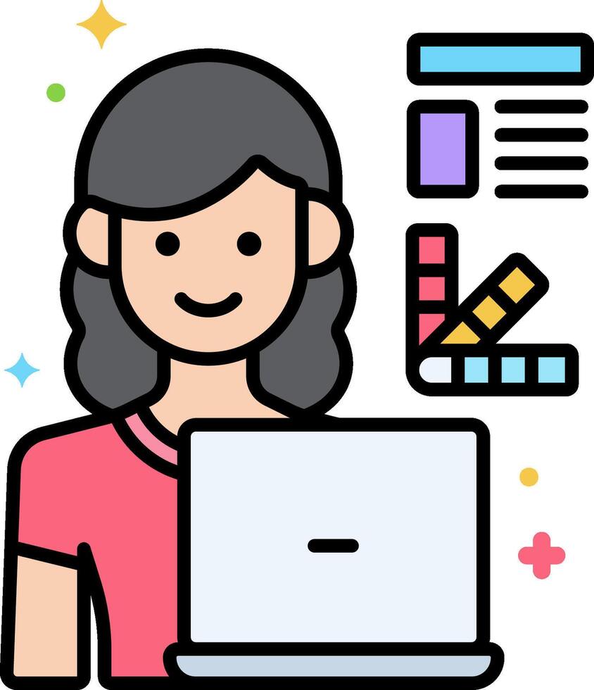 A woman is working on a laptop with a chart and other icons vector