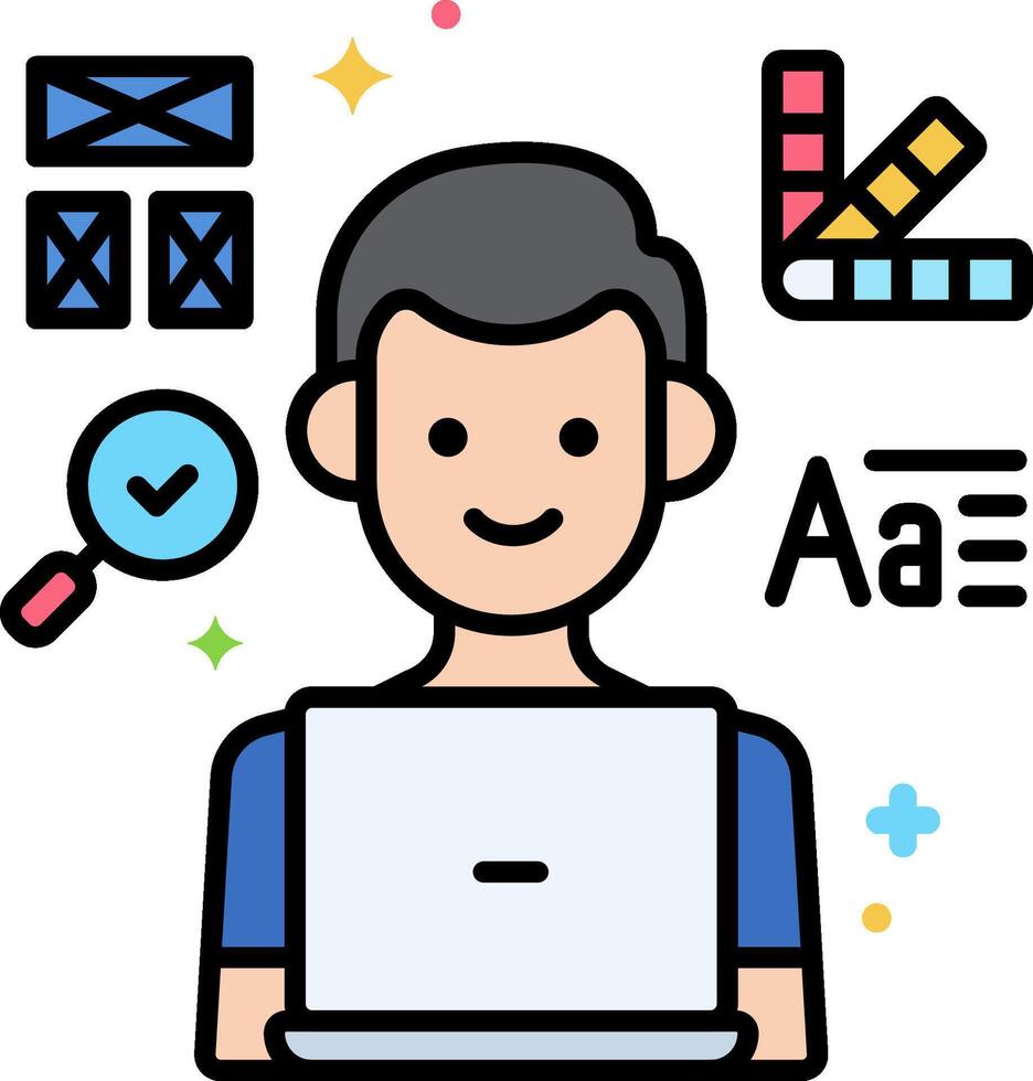 A man with a laptop and various icons around him vector