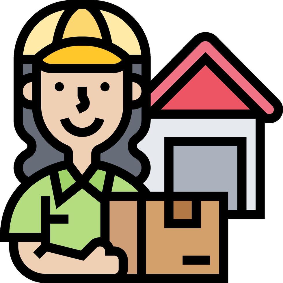 A woman with a box and a house icon vector