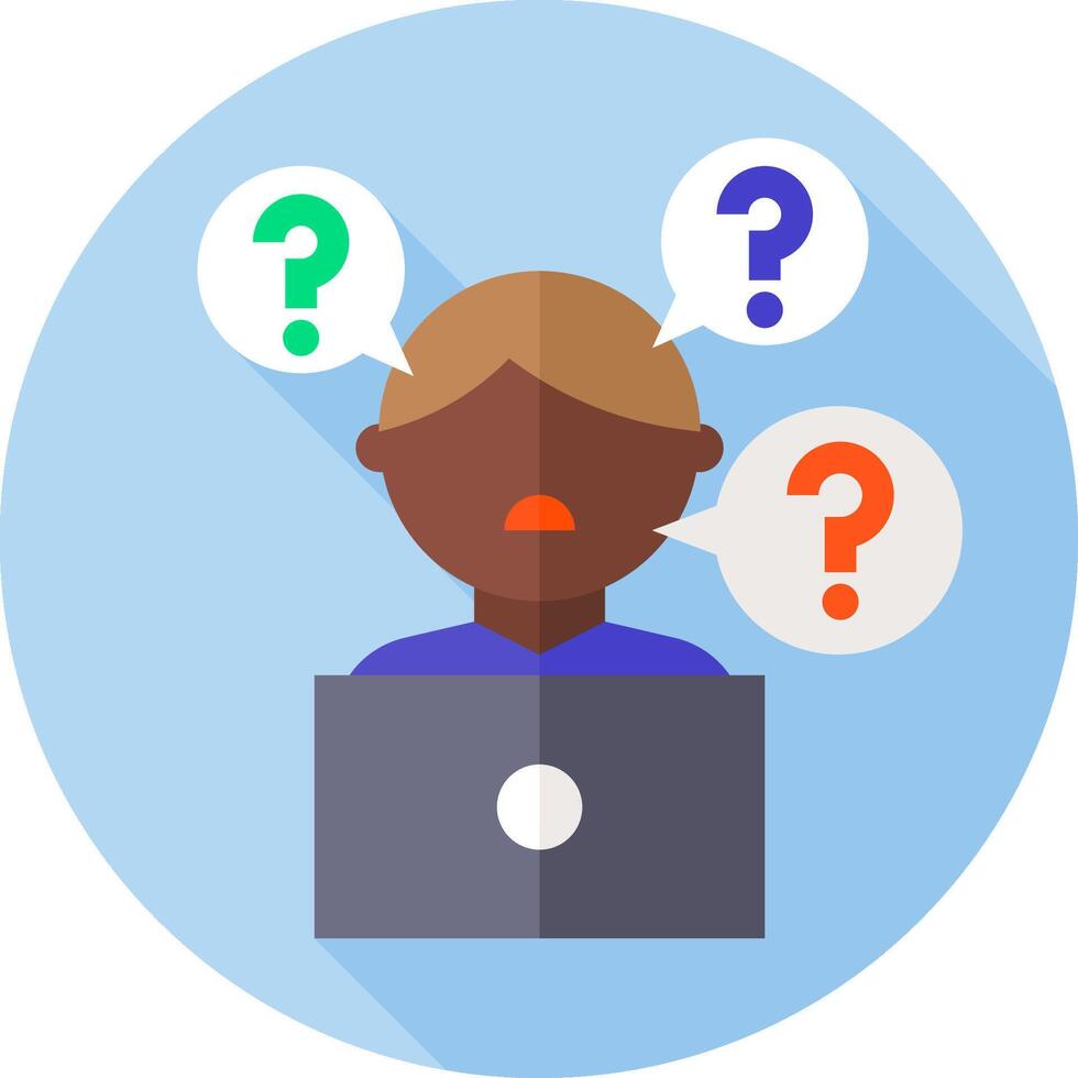 A person with question marks on their head and a laptop vector