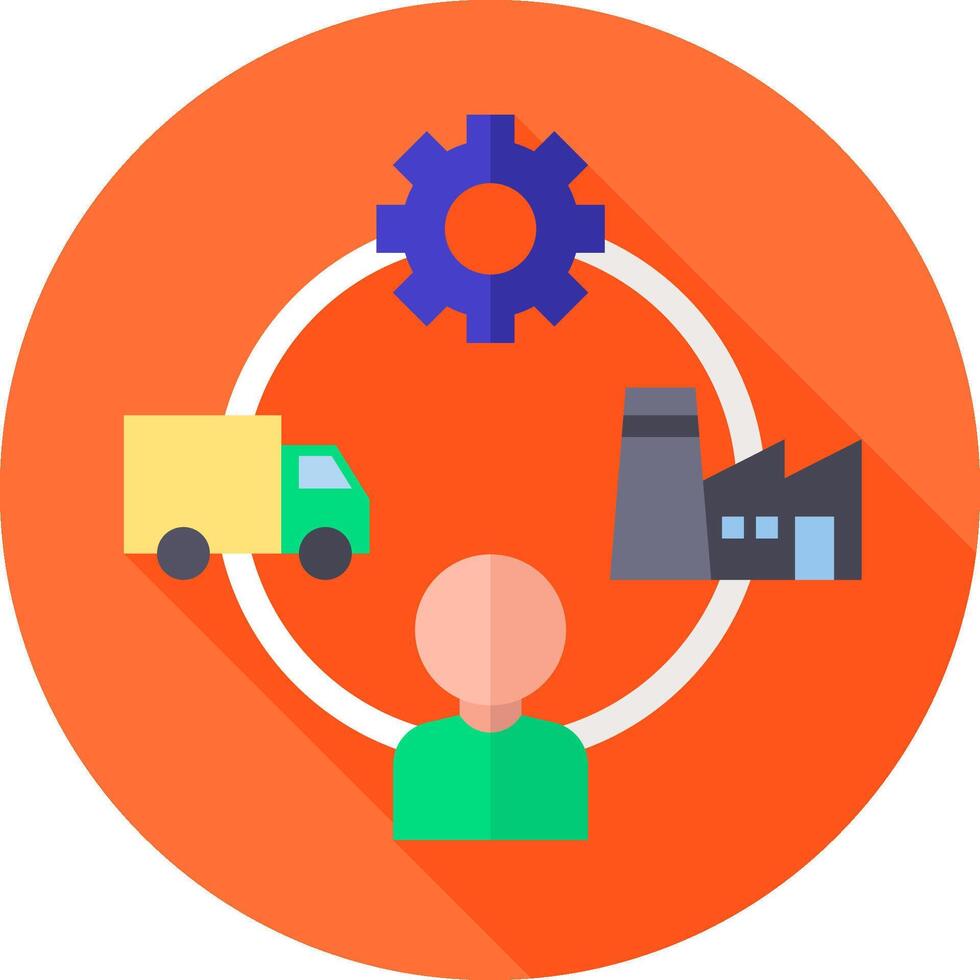 A flat icon of a person with a truck and a factory vector