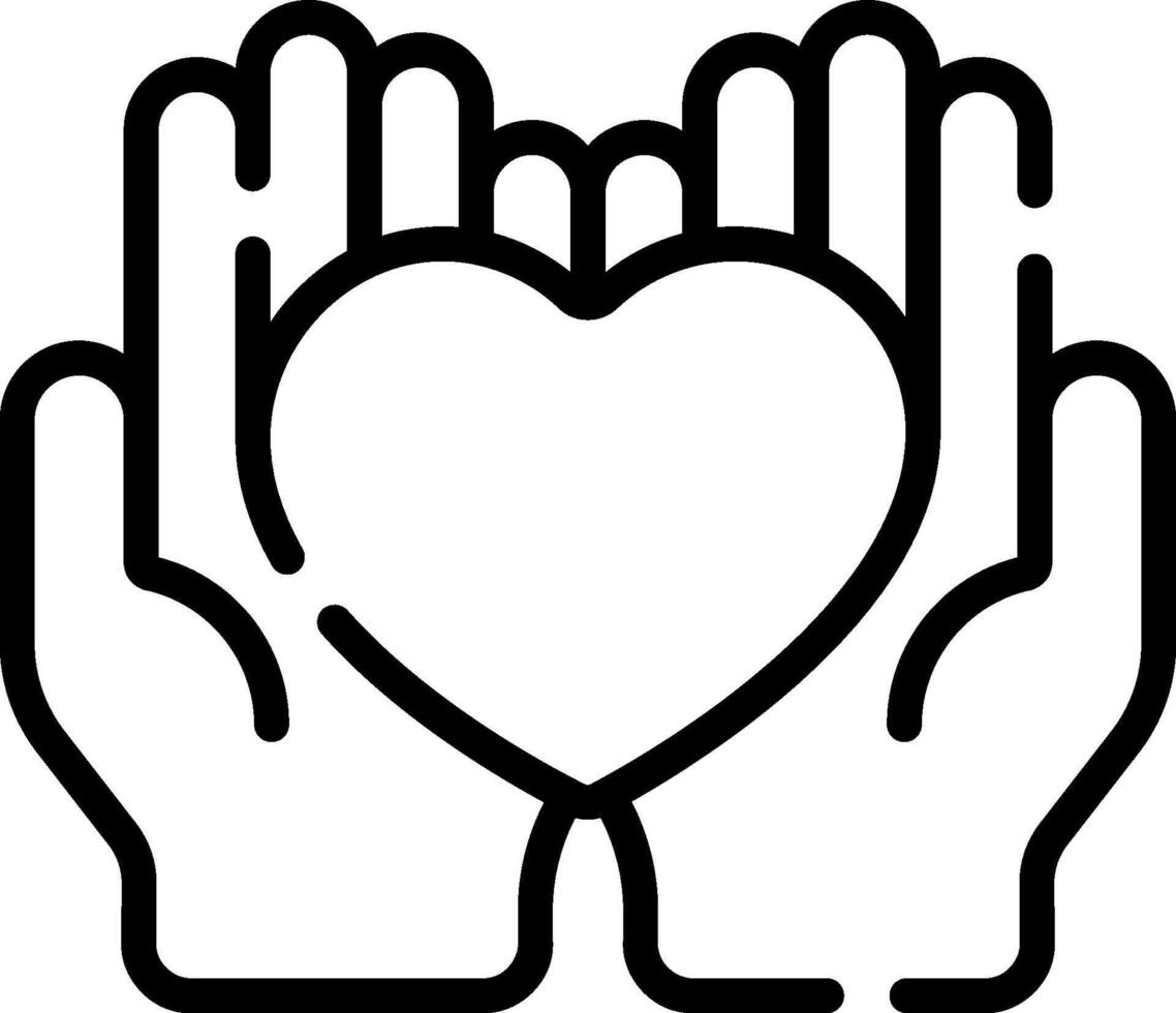 A black and white outline of two hands holding a heart vector