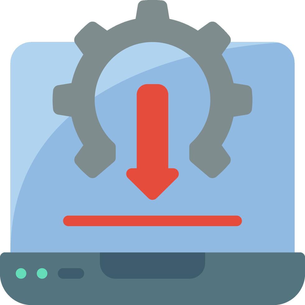 A laptop with a gear icon and an arrow pointing down vector