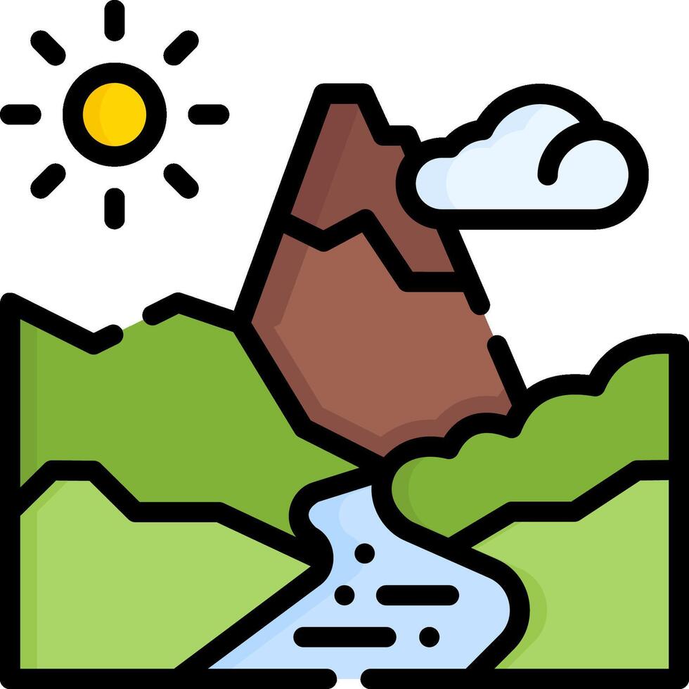 A mountain and river with clouds and sun vector