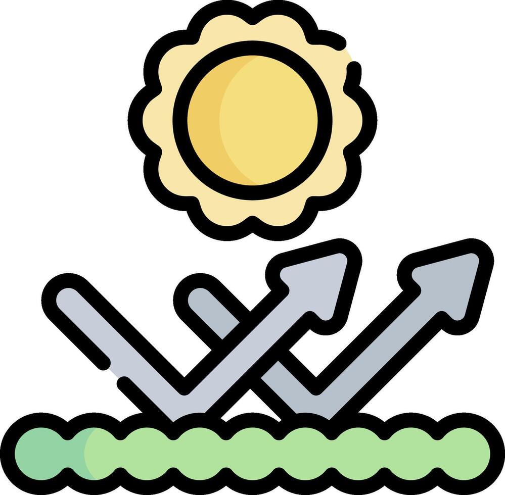 A sun and a green field with arrows pointing up vector