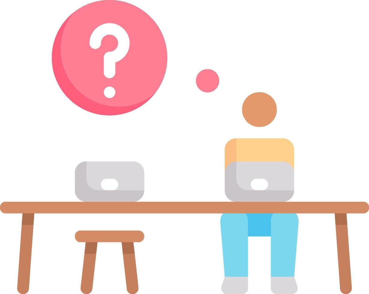 A person sitting at a table with a laptop and a question mark above it vector
