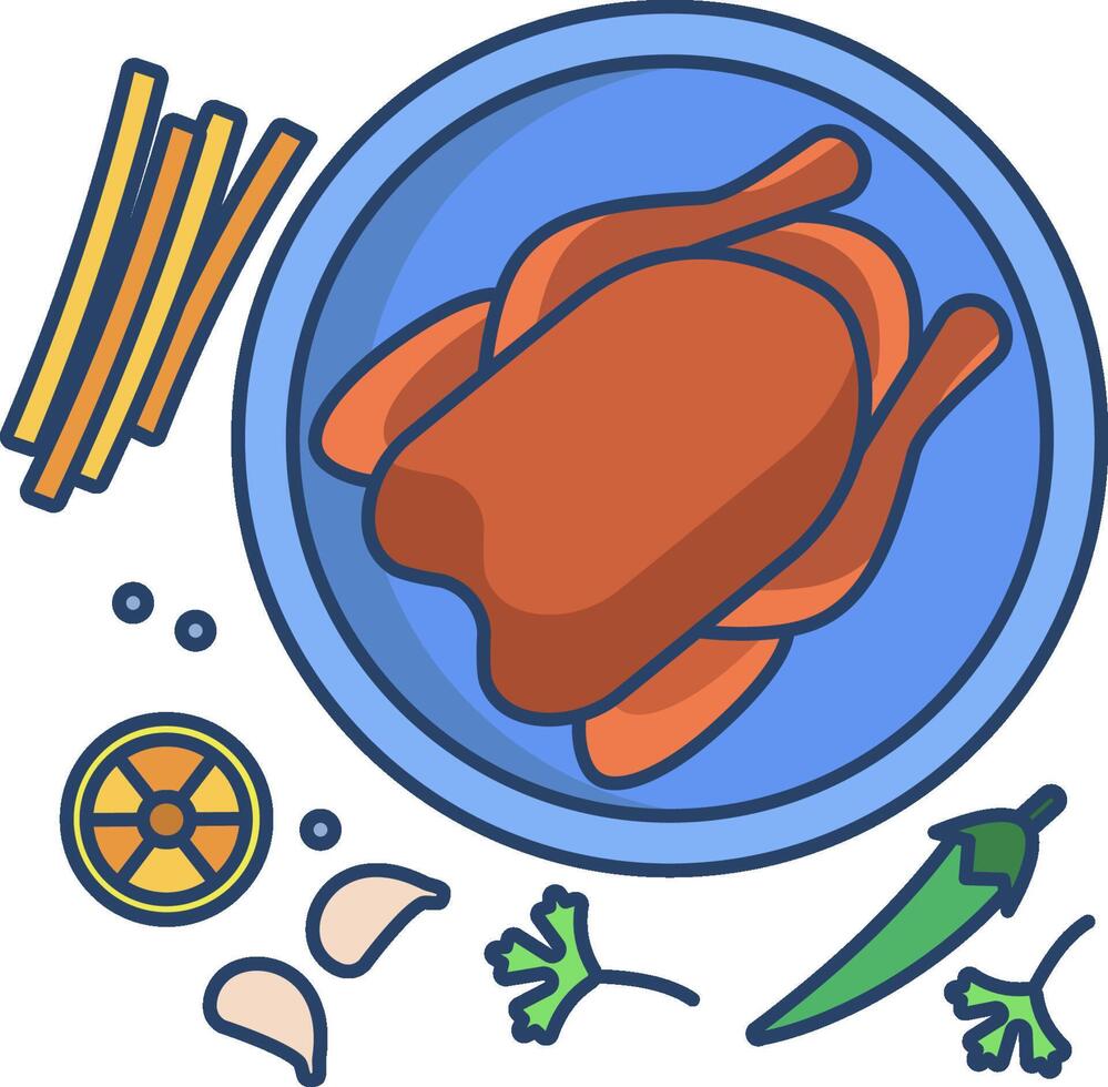 A chicken is on a plate with vegetables and other ingredients vector