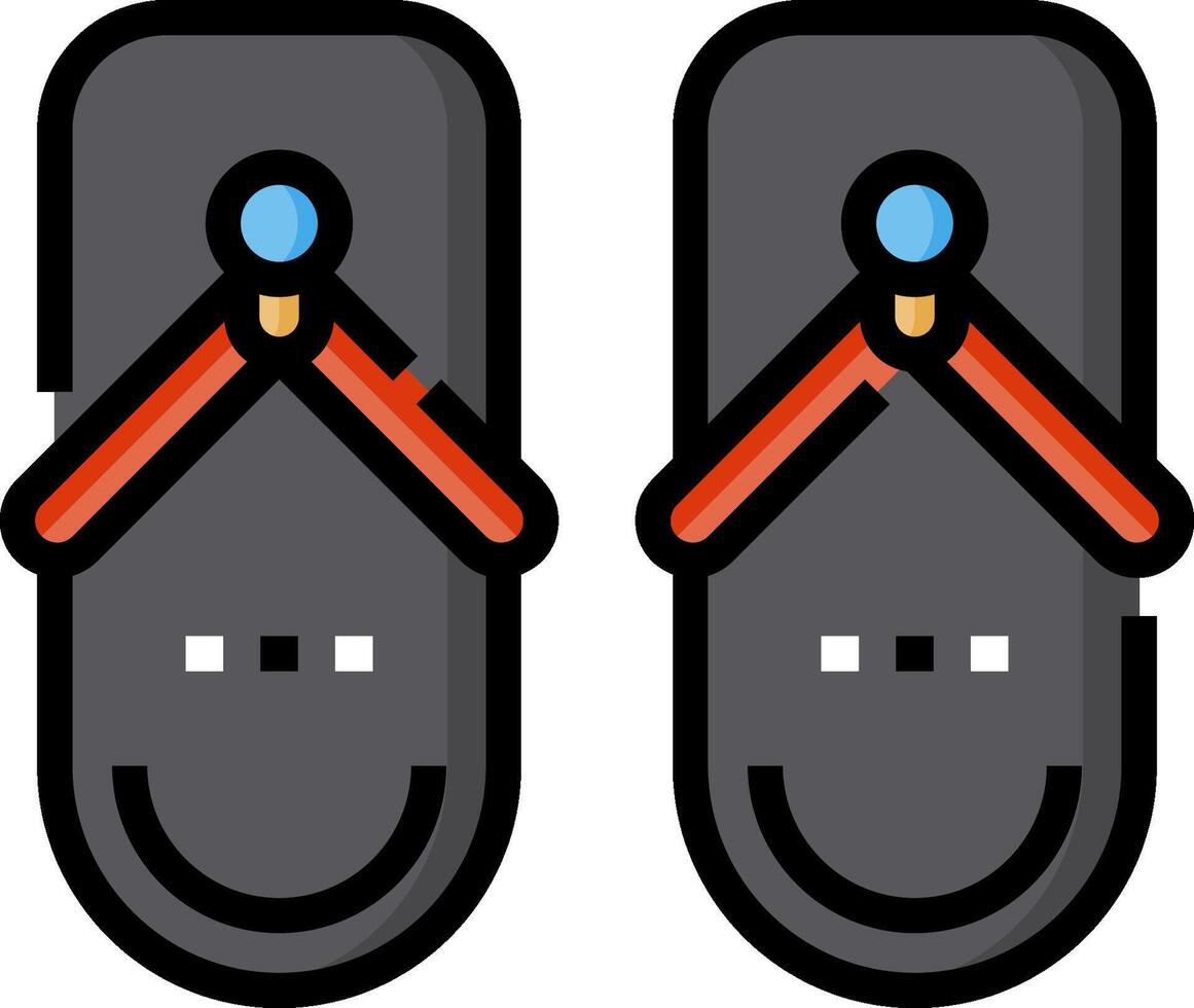 Two black flip flops with red handles on them vector