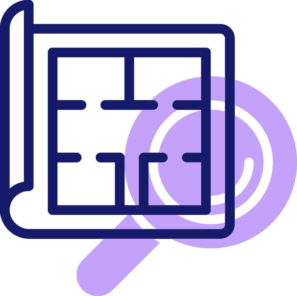 A purple and white icon with a magnifying glass vector